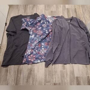 Lot of 3 scrub tops size XL Cherokee, UA Scrubs, white cross fit 2 gray 1 floral